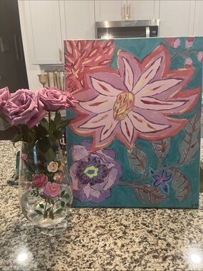 Floral Statement Canvas Painting in Pink and Teal - Hand painted acrylic floral